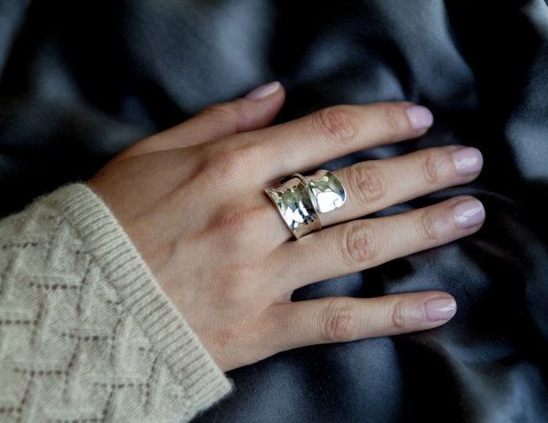 Twin flame wide band ring (half hammered/half high polish)